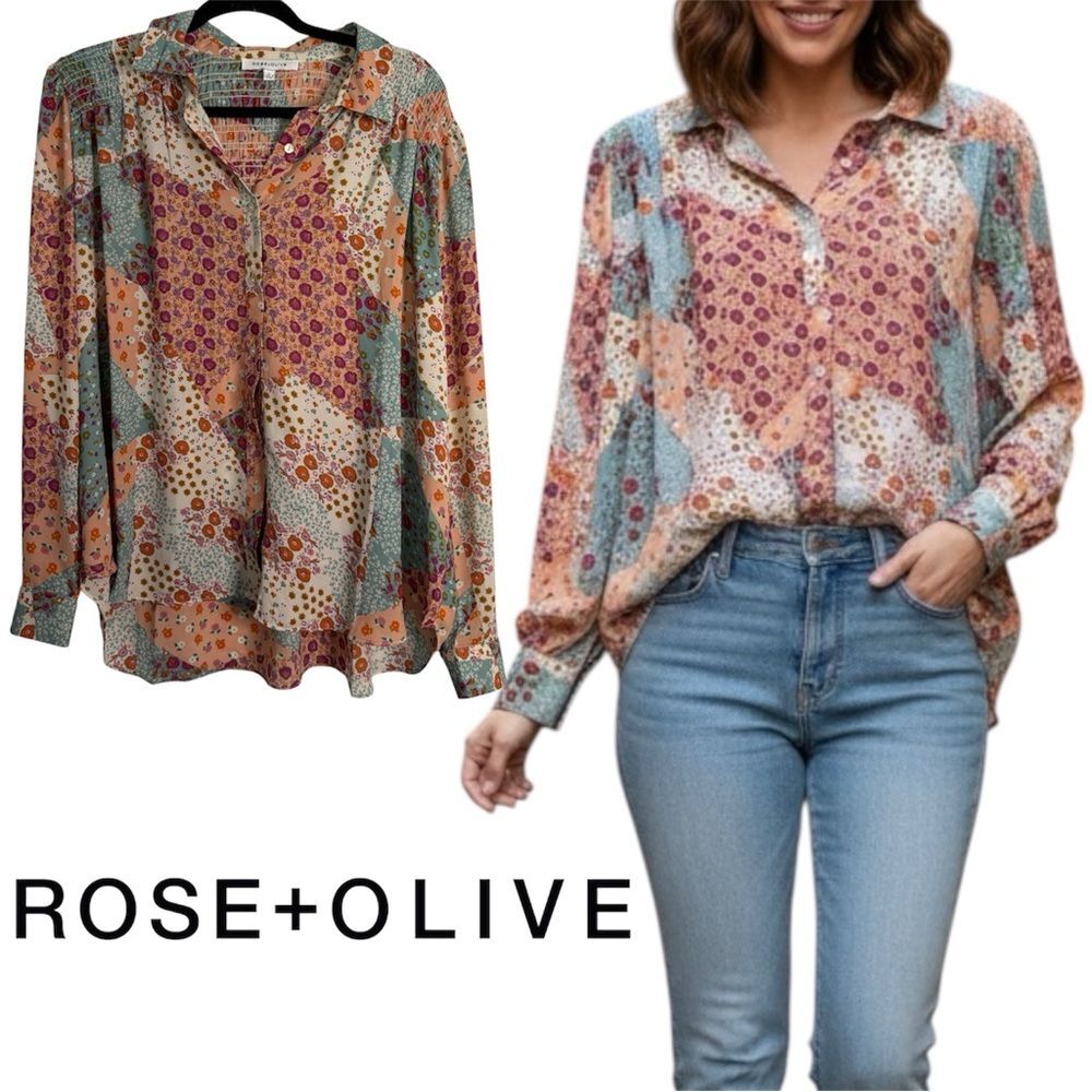 Rose & Olive Multicolor Floral Patchwork Blouse with Ruffles Size Large
